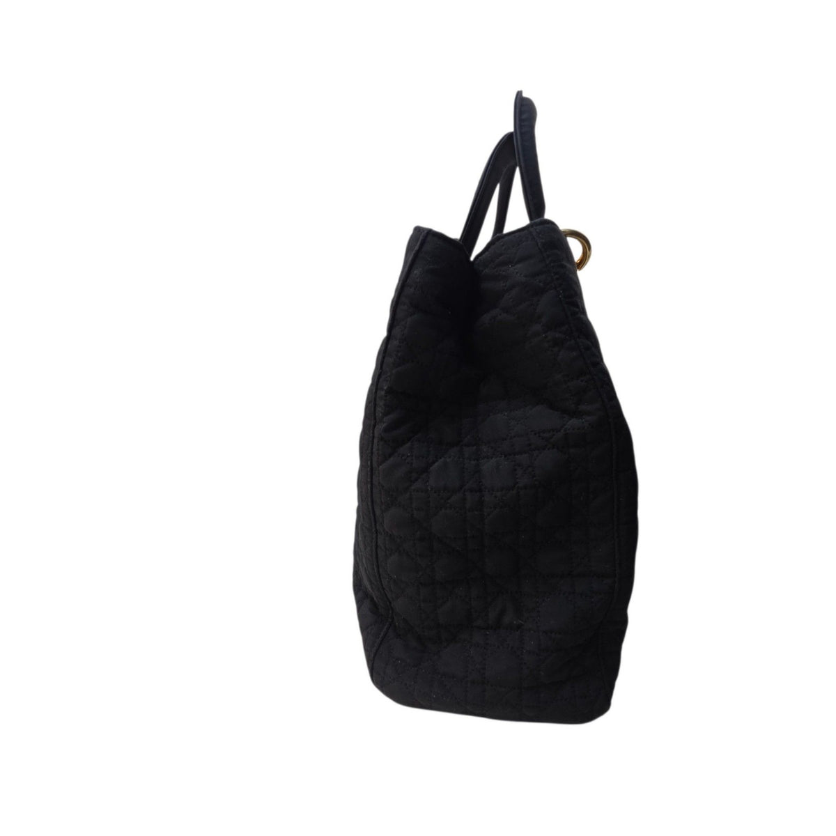 Christian Dior black quilted nylon tote bag with gold hardware and leather trim.