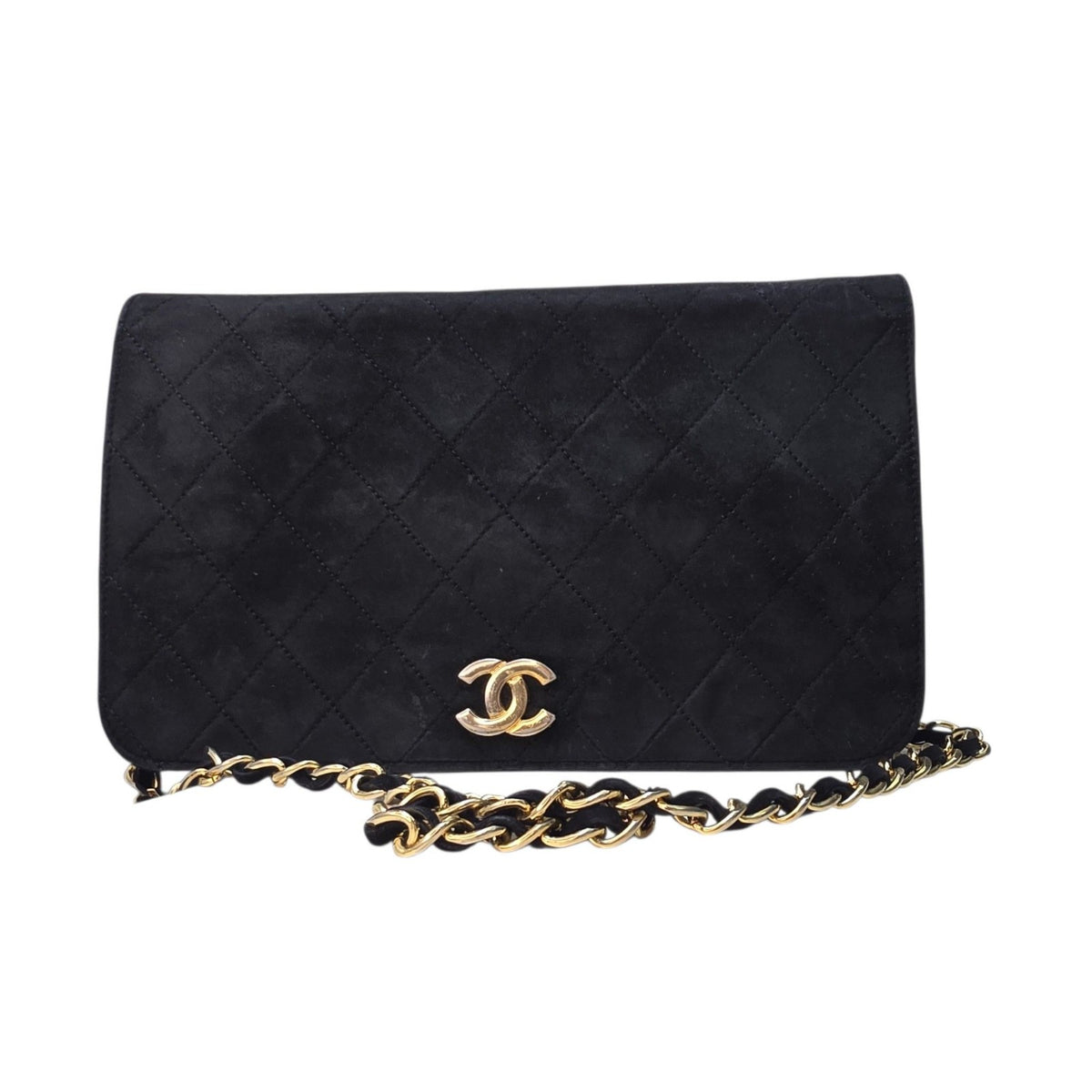 Chanel black quilted suede crossbody bag with gold chain and leather woven strap.