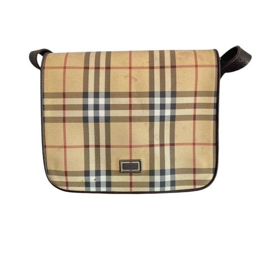 Burberry beige tote bag with iconic Nova Check pattern and leather accents.