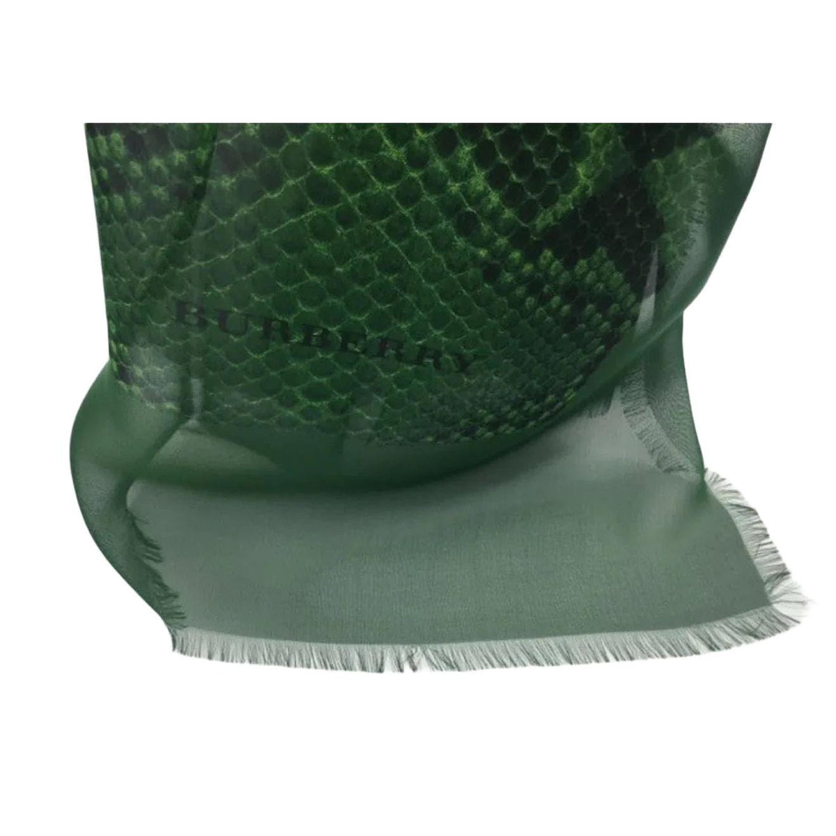 Burberry green silk scarf with delicate fringed edges and vibrant hue.