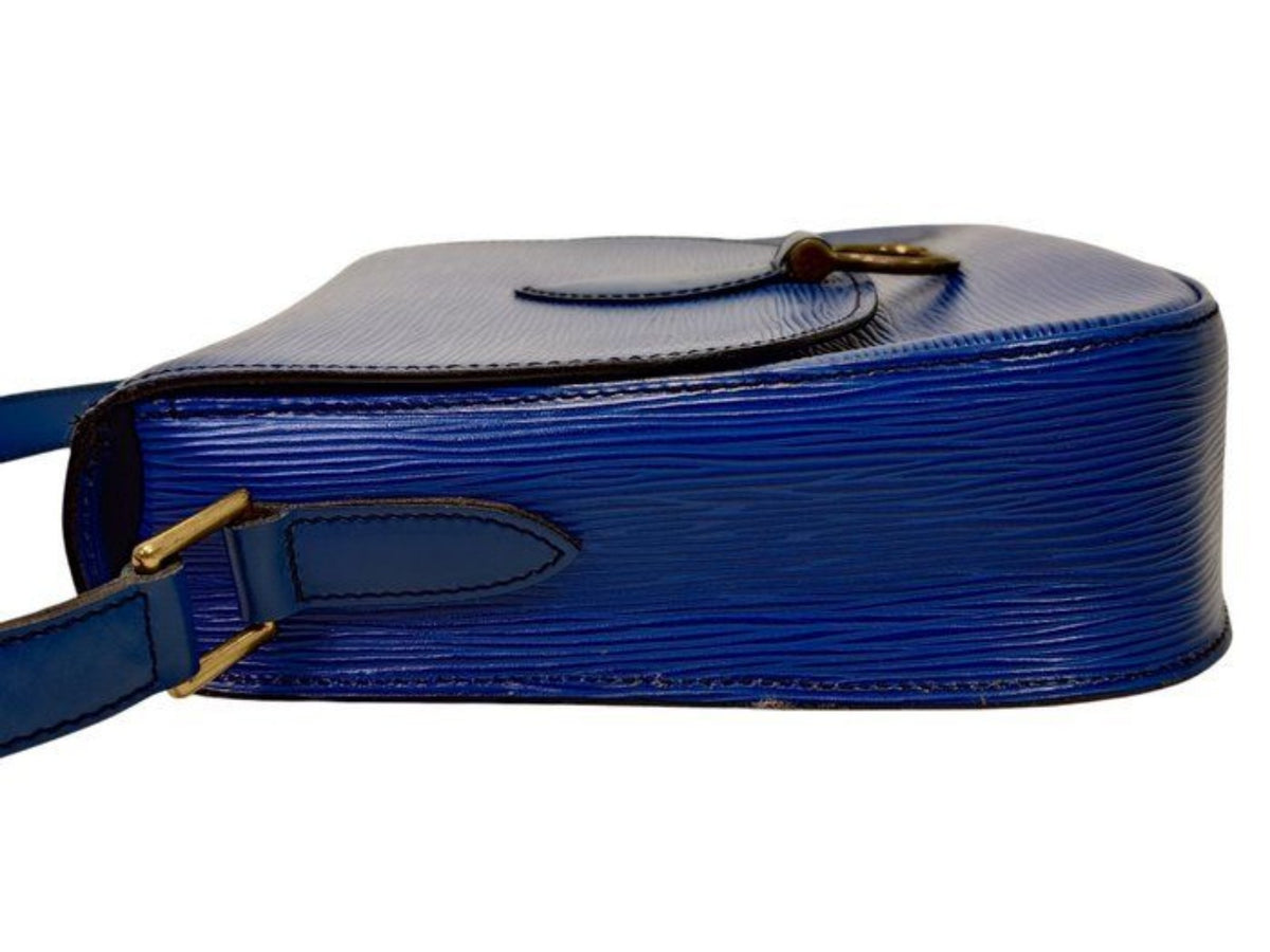 Louis Vuitton blue Epi leather crossbody bag with signature LV logo and brass hardware.
