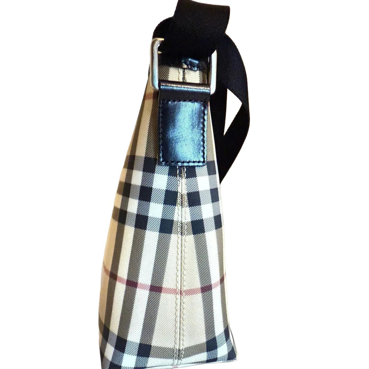 Burberry beige messenger bag with classic Nova Check pattern and silver-tone hardware.
