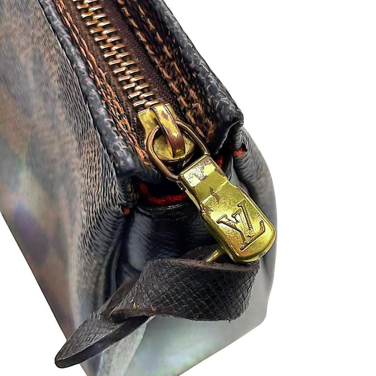 Louis Vuitton Pochette Accessoire brown Damier Ebene canvas handbag with gold hardware.