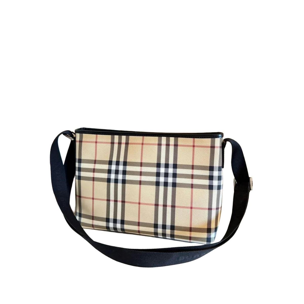 Burberry beige messenger bag with classic Nova Check pattern and silver-tone hardware.