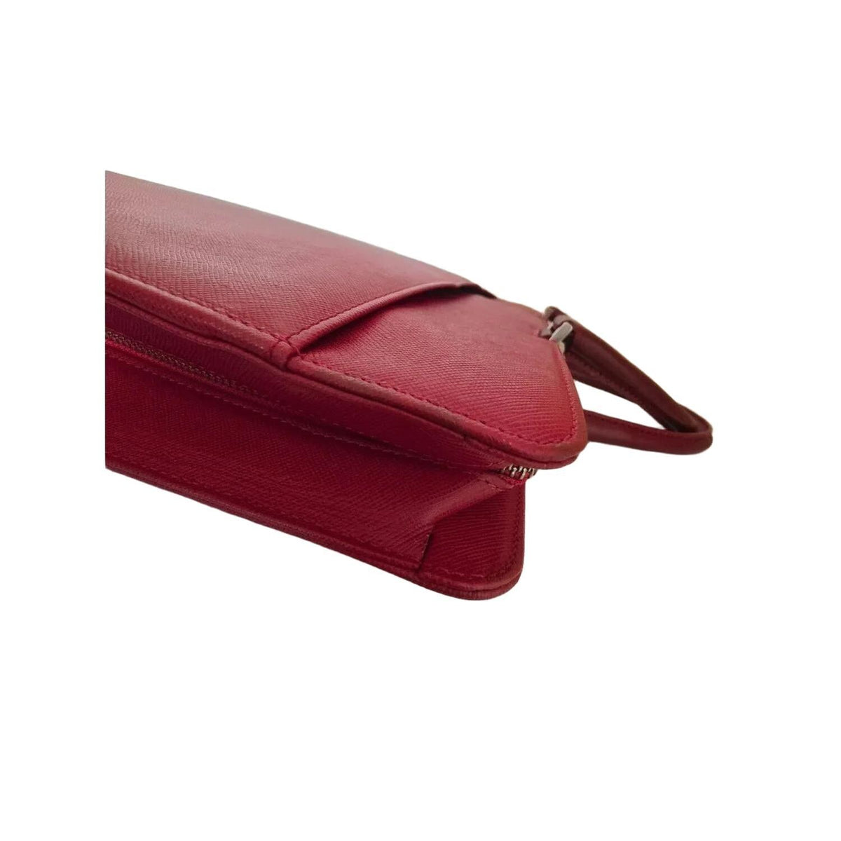 Burberry red business briefcase bag with signature logo plate and saffiano leather finish.