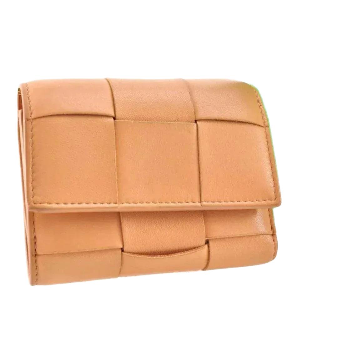 Bottega Veneta tan leather trifold wallet with Intrecciato weave design and white accents.