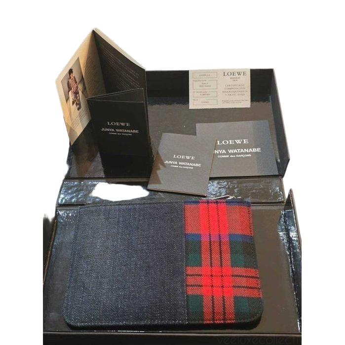 Loewe x Junya Watanabe black and tartan wool mini wallet with premium denim details.