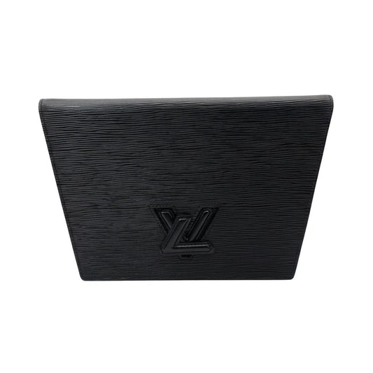 Louis Vuitton Epi Trapeze Clutch black leather with silver-plated hardware and subtle creasing.