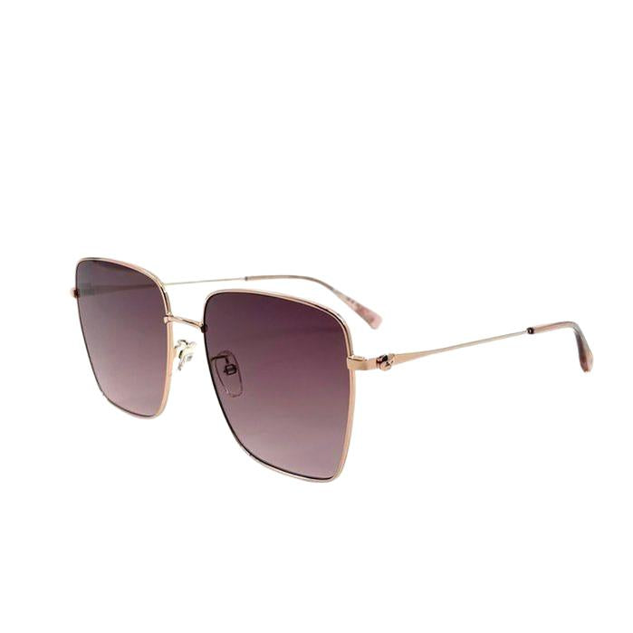 Moschino gold sunglasses with pink tinted lenses and iconic logo on temples.