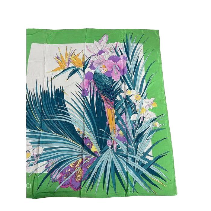 Gucci silk scarf multi-colour floral pattern with iconic logo and vintage charm.