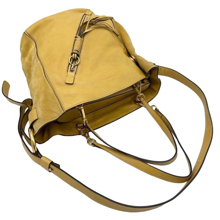 Chloè yellow suede and leather shoulder bag with gold-plated hardware and two-way design.