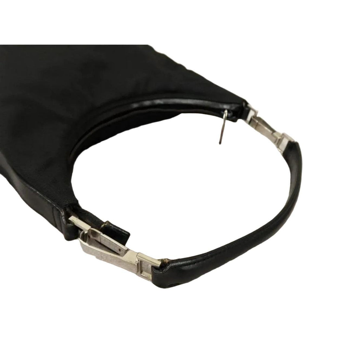 Gucci black nylon and leather shoulder bag with silver accents and logo detail.