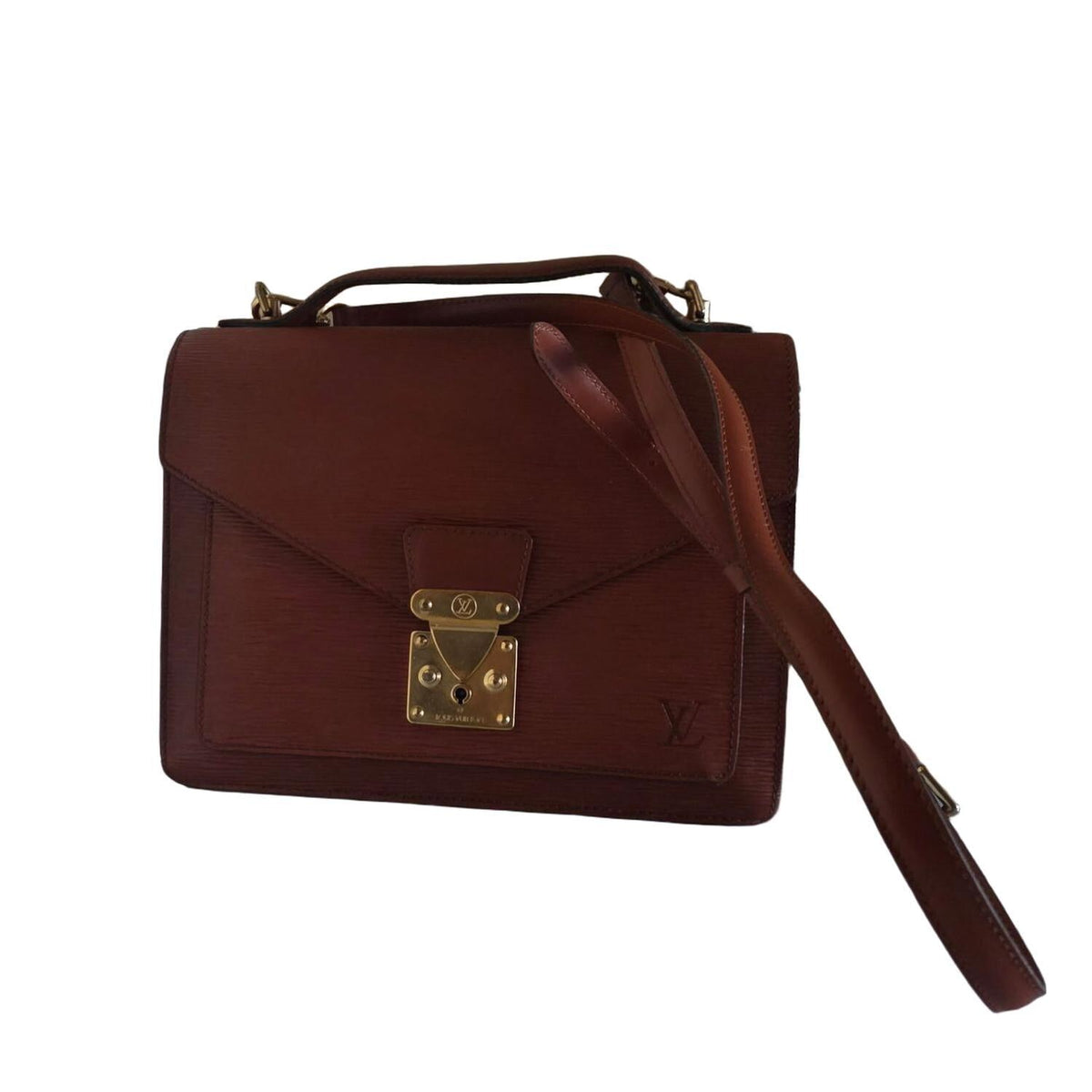 Louis Vuitton brown Monceau crossbody bag in Epi leather with S-lock closure and textured finish.