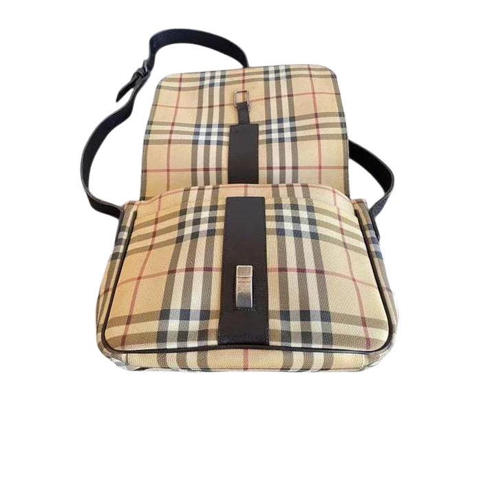 Burberry beige tote bag with iconic Nova Check pattern and leather accents.