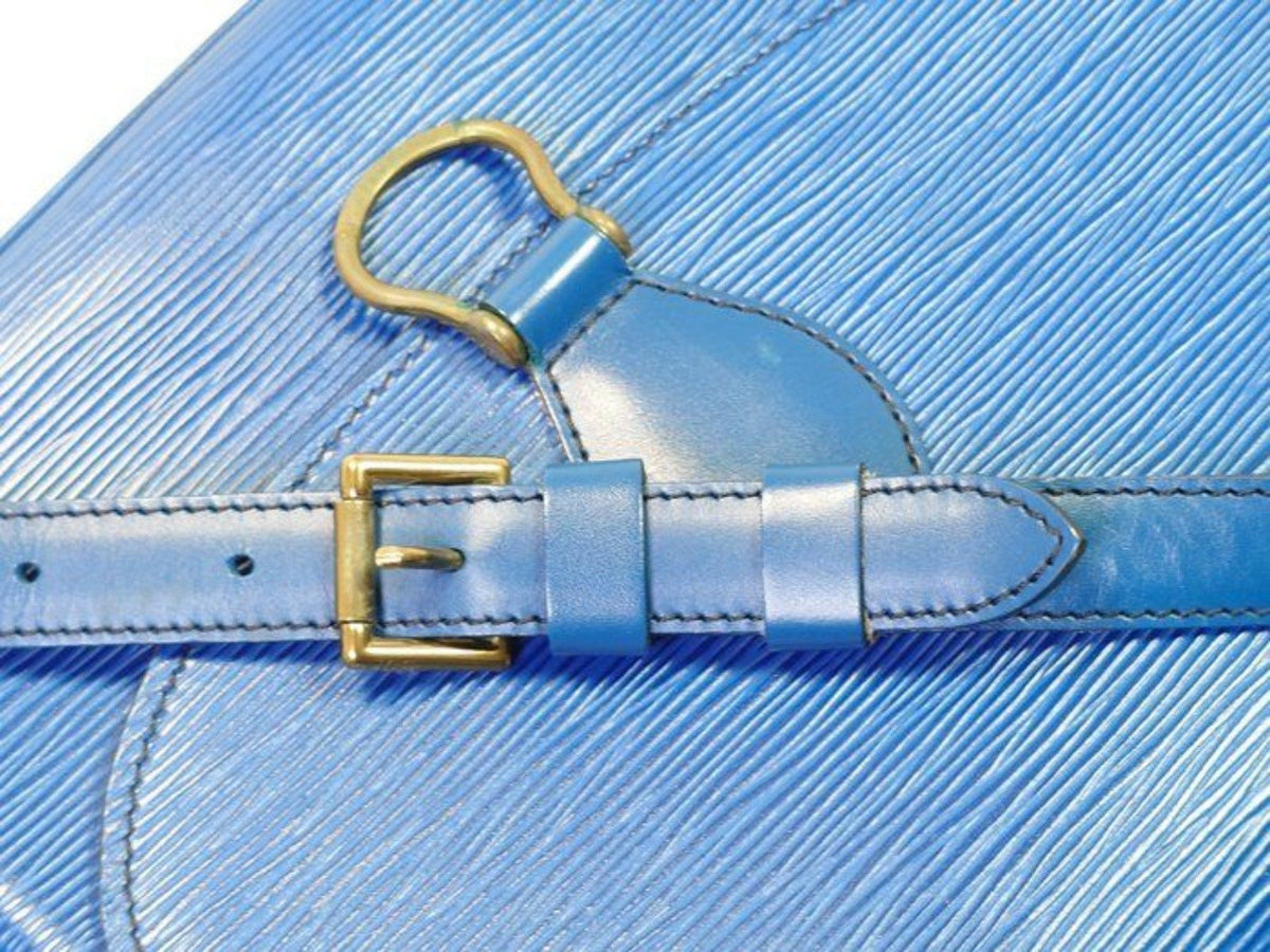 Louis Vuitton blue Epi leather crossbody bag with signature LV logo and brass hardware.
