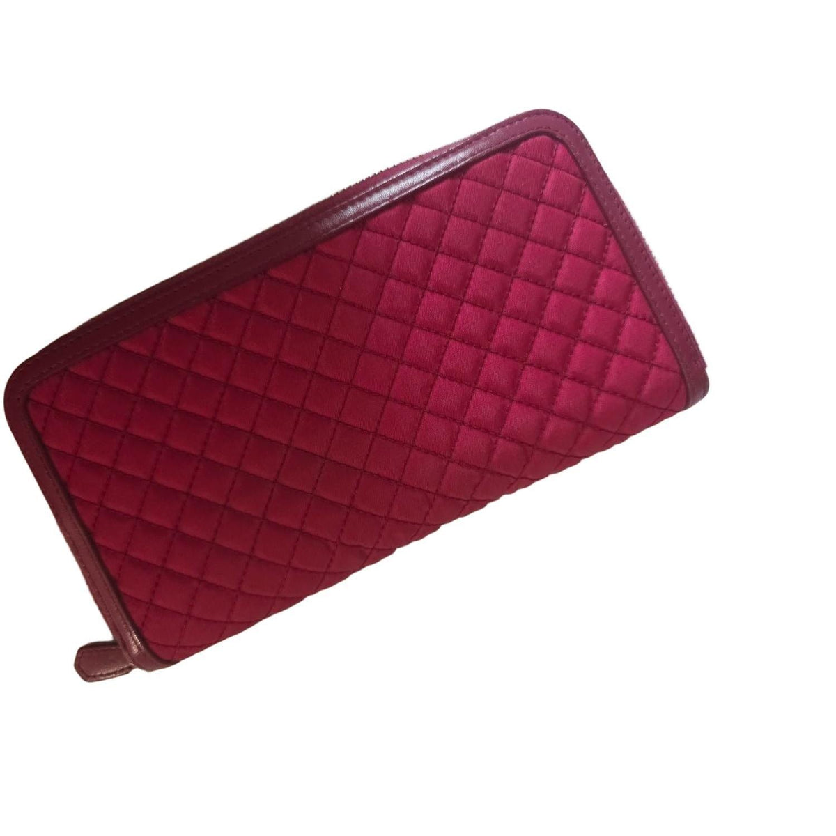 Prada pink nylon and leather zip-around wallet with minimalist design and secure closure.