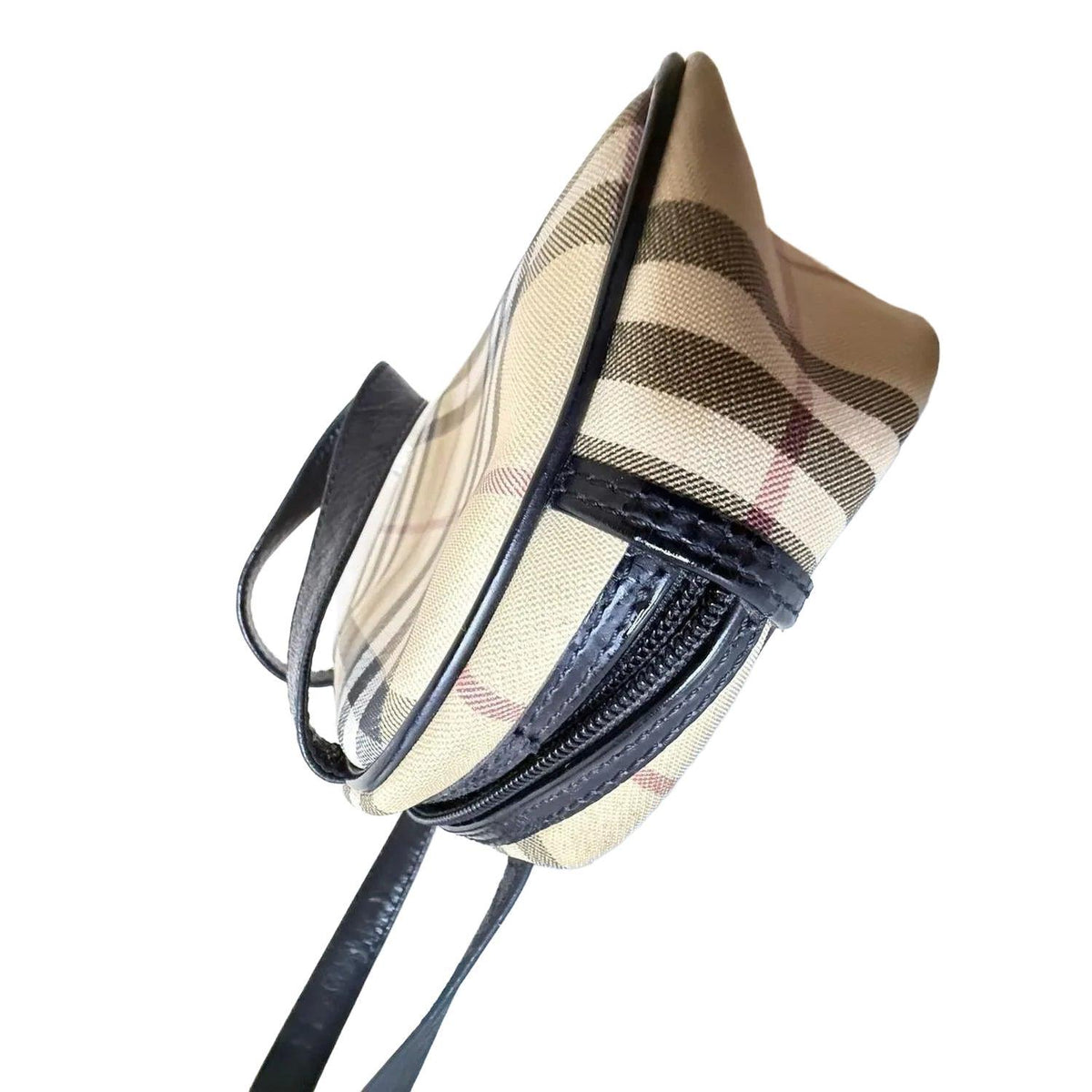 Burberry beige checkered top handle handbag with black leather trim and zipper closure.
