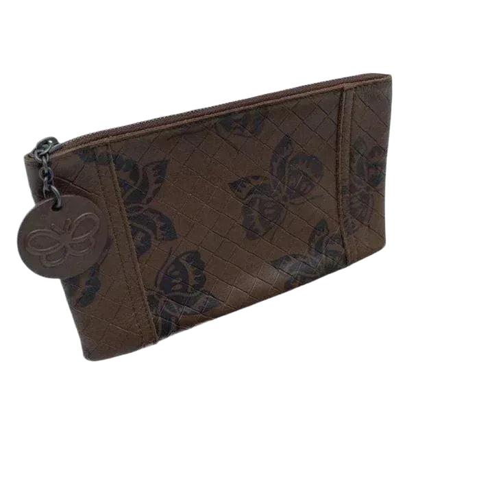 Bottega Veneta brown leather pouch with intrecciato weave and zip-around closure.