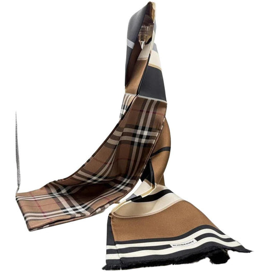 Burberry brown silk scarf featuring iconic check pattern and double-face design.