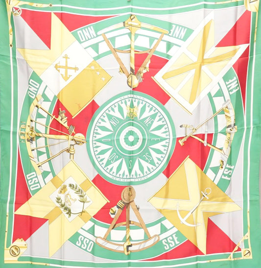 Hermès silk scarf green multi nautical sextants pattern vintage collectible