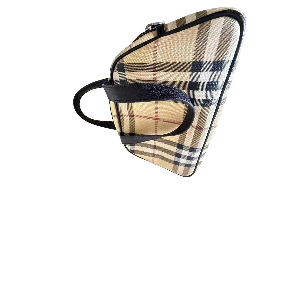 Burberry beige checkered top handle handbag with black leather trim and zipper closure.