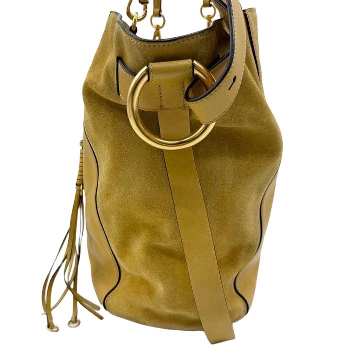 Chloè yellow suede and leather shoulder bag with gold-plated hardware and two-way design.