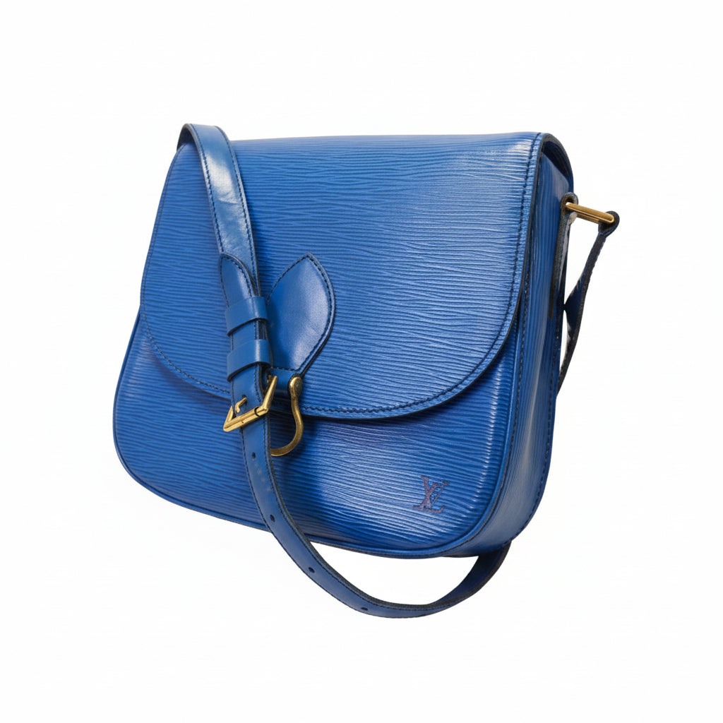 Louis Vuitton blue Epi leather crossbody bag with signature LV logo and brass hardware.