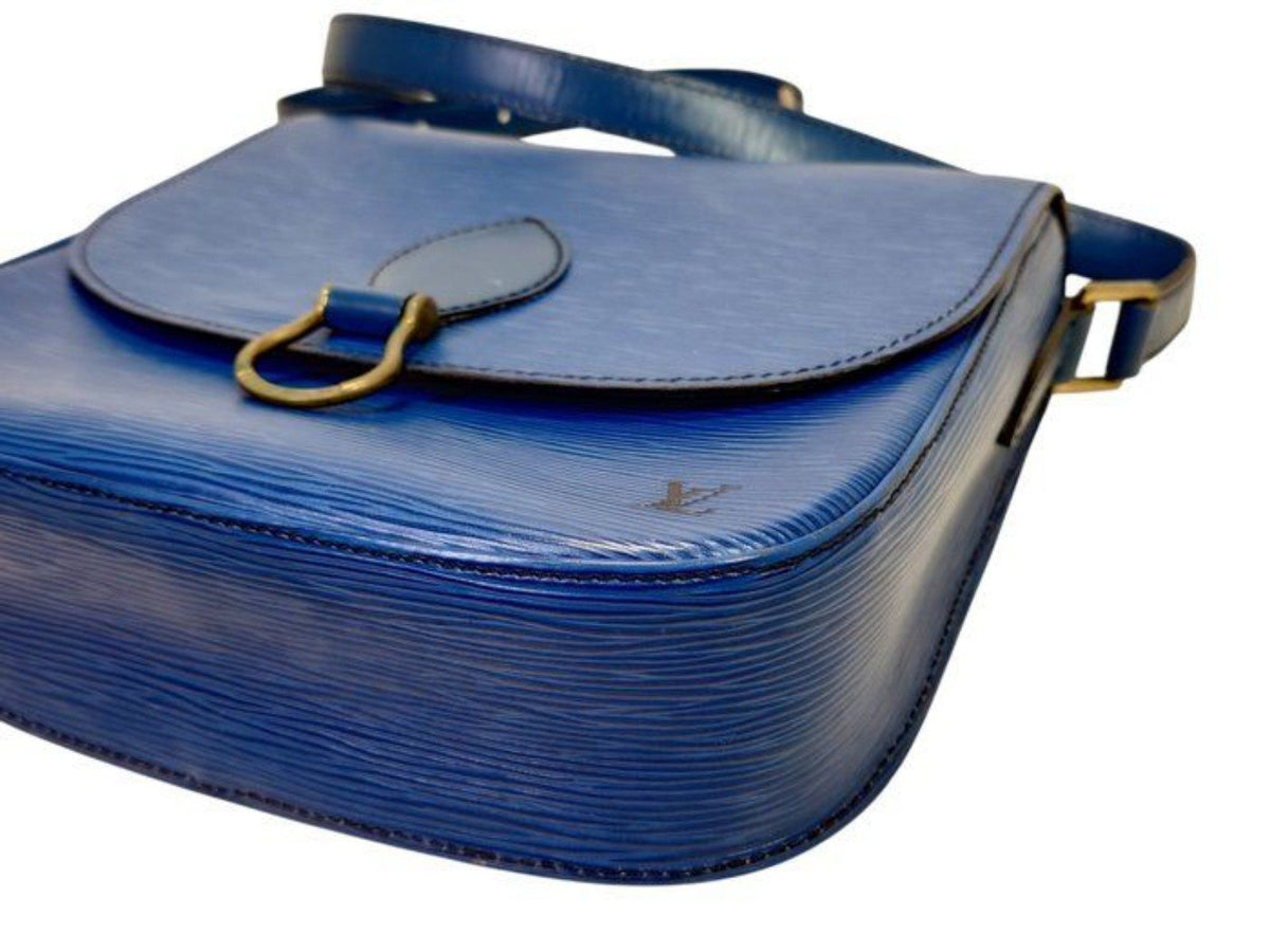 Louis Vuitton blue Epi leather crossbody bag with signature LV logo and brass hardware.