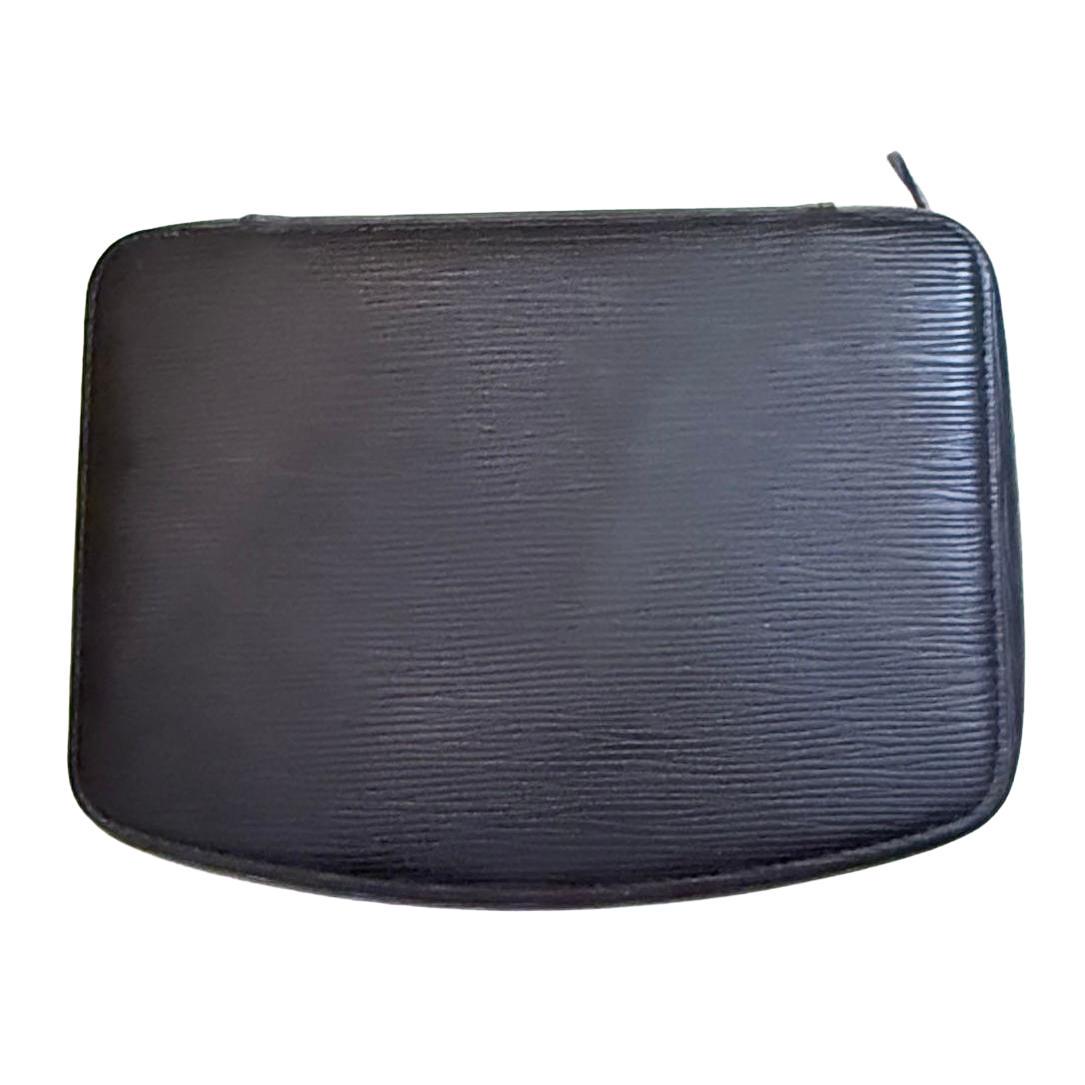 Louis Vuitton black Epi leather jewellery box with gold-tone hardware and grey microfiber lining.