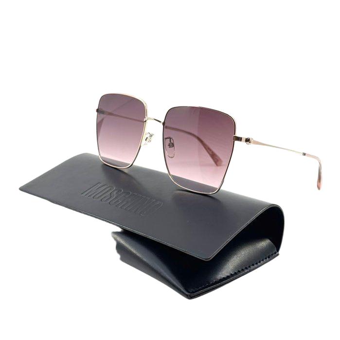 Moschino gold sunglasses with pink tinted lenses and iconic logo on temples.