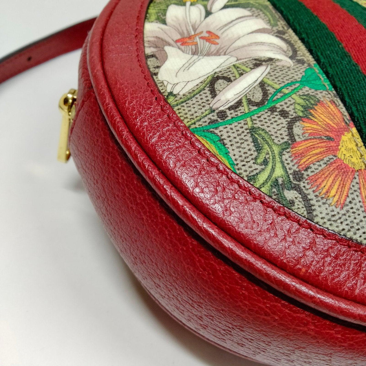 Gucci mini backpack gold GG monogram canvas with floral and butterfly print, interlocking logo.