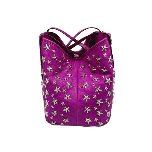 Jimmy Choo pink leather tote bag with metallic star studs and stainless steel hardware.