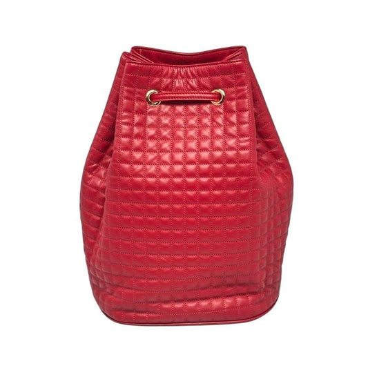 Céline deep red leather drawstring backpack with front 'C' detail and sporty straps.