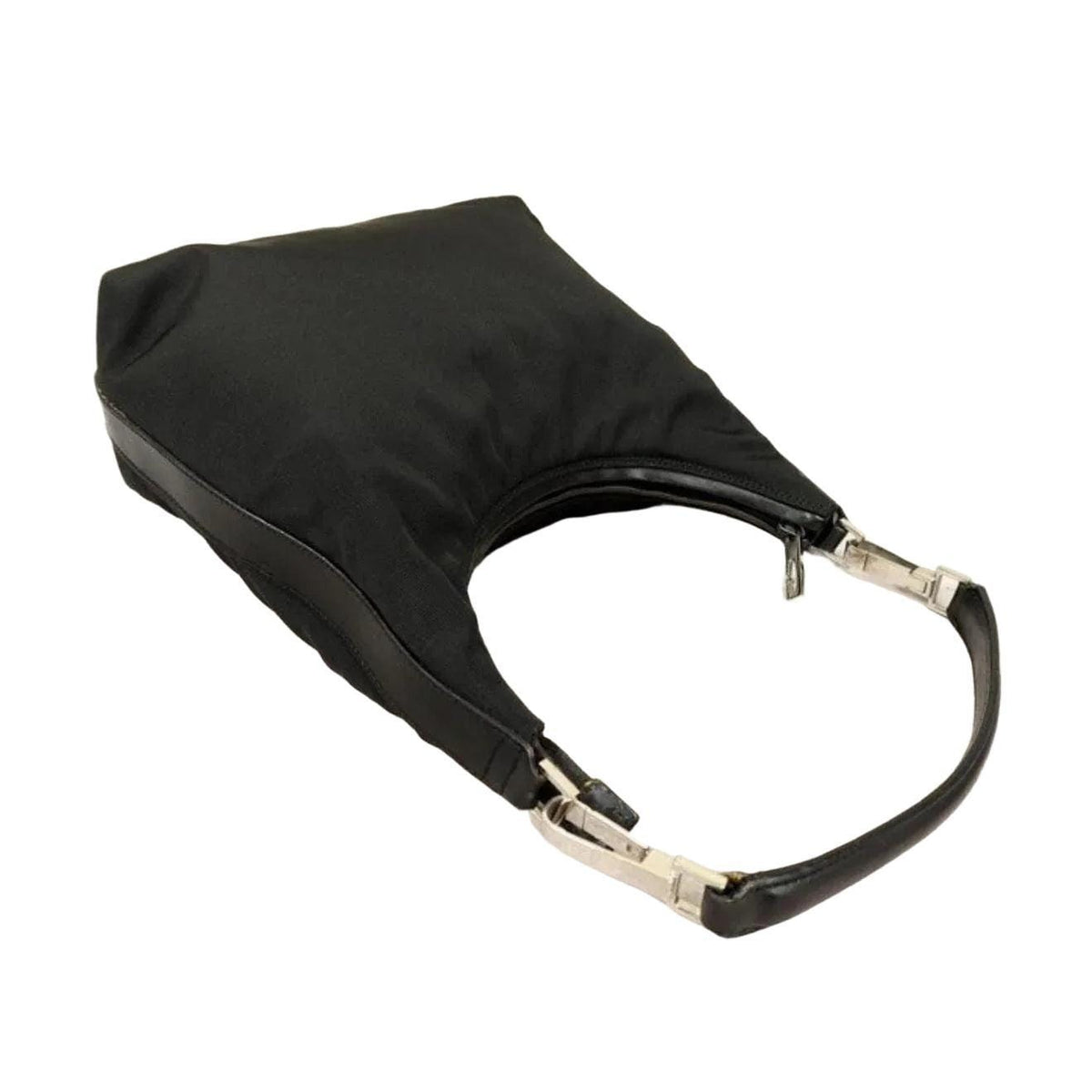 Gucci black nylon and leather shoulder bag with silver accents and logo detail.