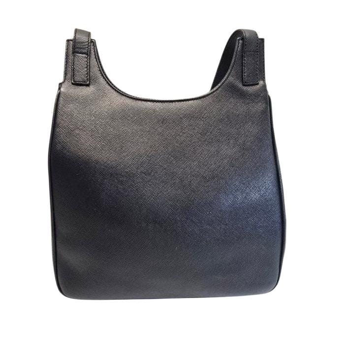 Salvatore Ferragamo black hobo bag hammered leather with metal accents and structured silhouette.