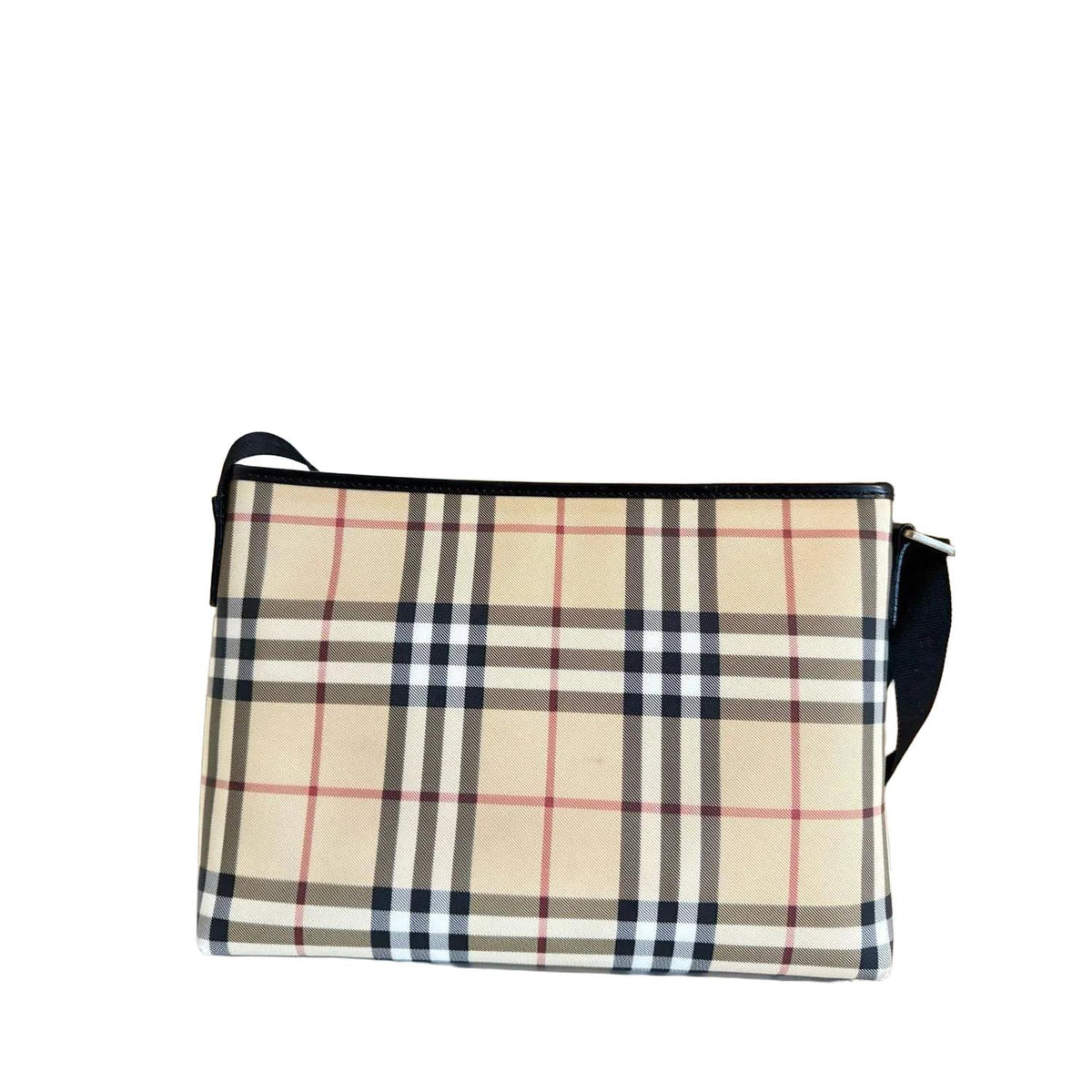 Burberry beige messenger bag with classic Nova Check pattern and silver-tone hardware.