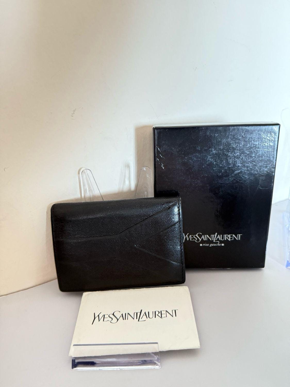 Yves Saint Laurent black card case buttery leather iconic 'Y' stitching detail