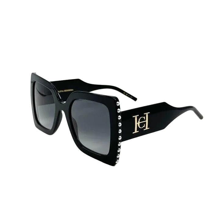 Carolina Herrera black acetate sunglasses with grey lenses and signature logo detailing.