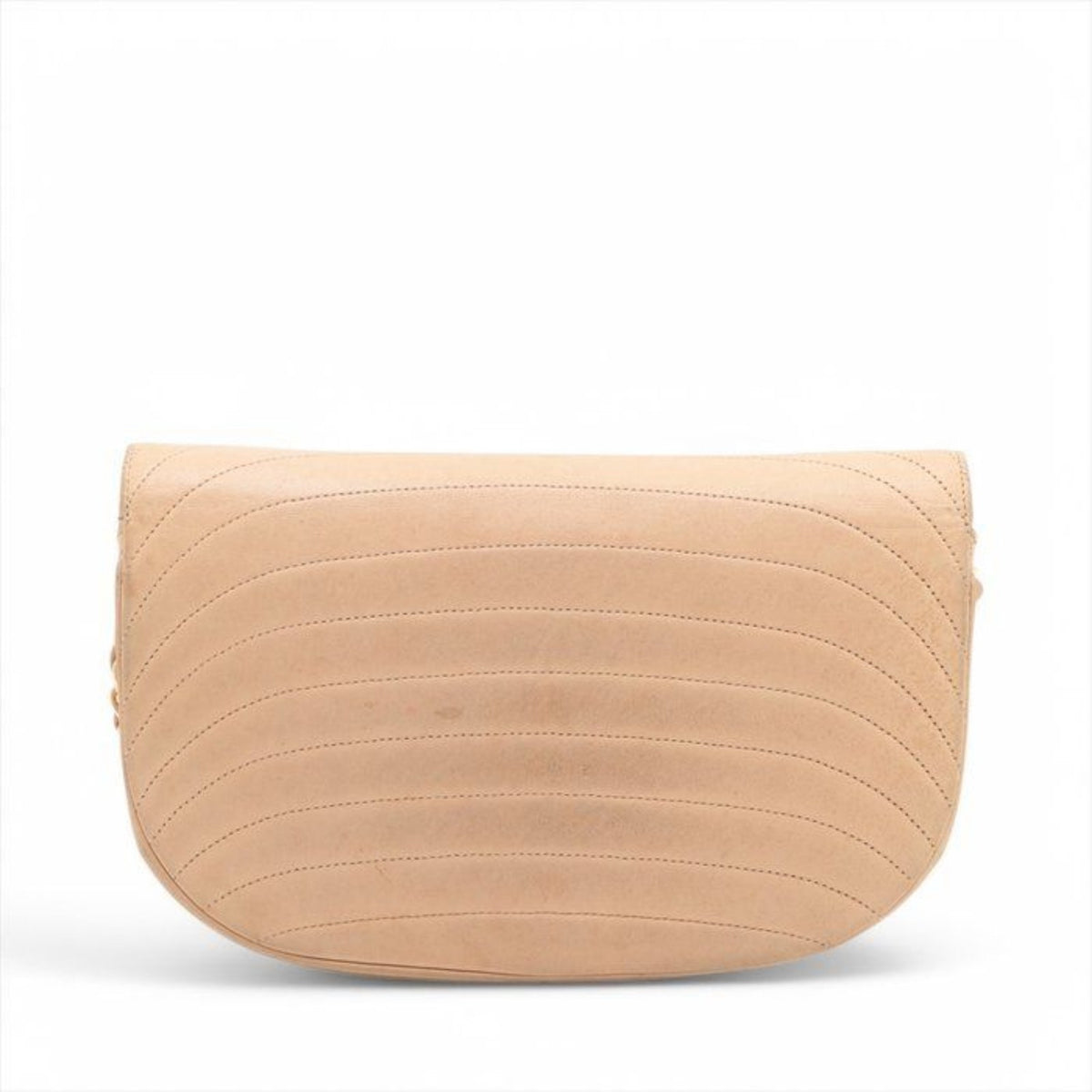 CHANEL beige matelassé leather half moon shoulder bag with gold hardware and classic logo.