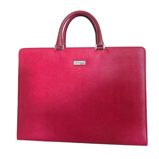 Burberry red business briefcase bag with signature logo plate and saffiano leather finish.
