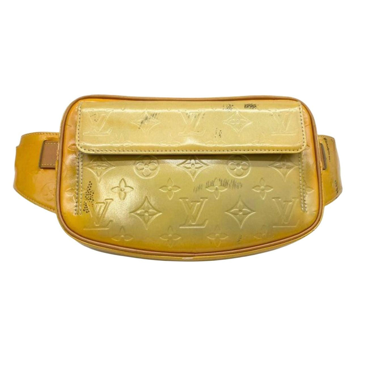 Louis Vuitton yellow patent leather bum bag with gold-tone hardware and glossy finish.