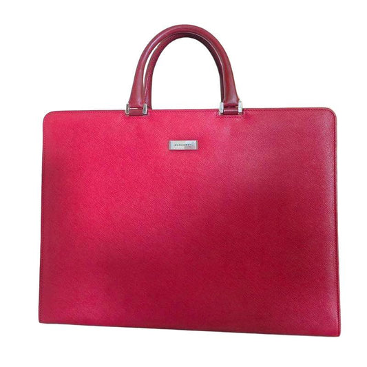 Burberry red business briefcase bag with signature logo plate and saffiano leather finish.