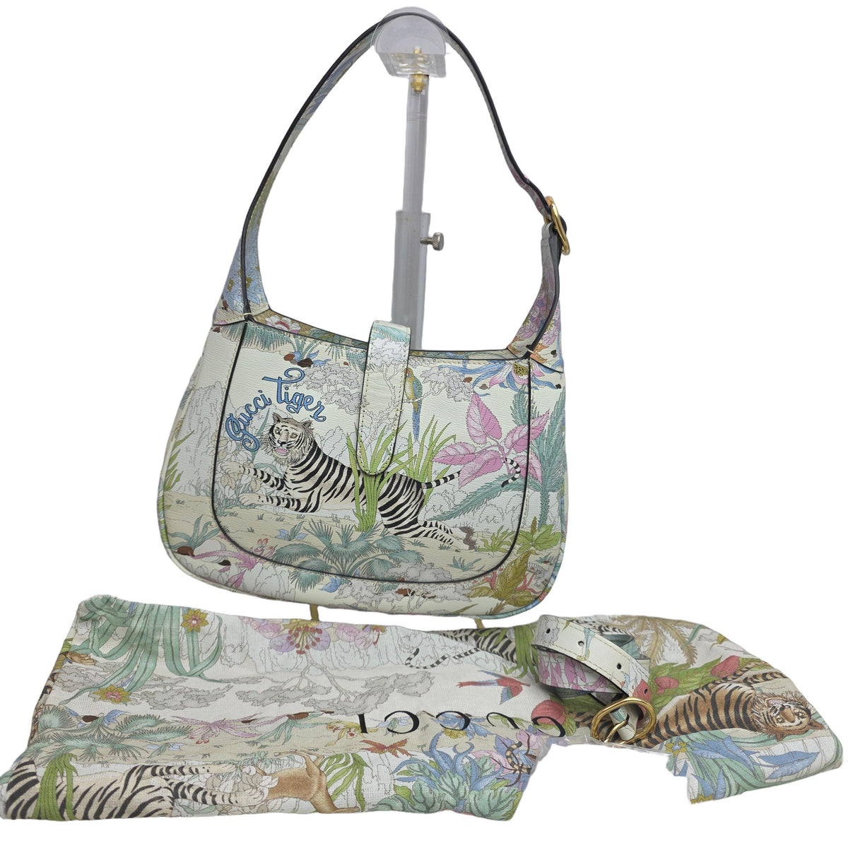 Gucci Tiger shoulder bag multicolour leather with gold hardware and bold tiger motif.