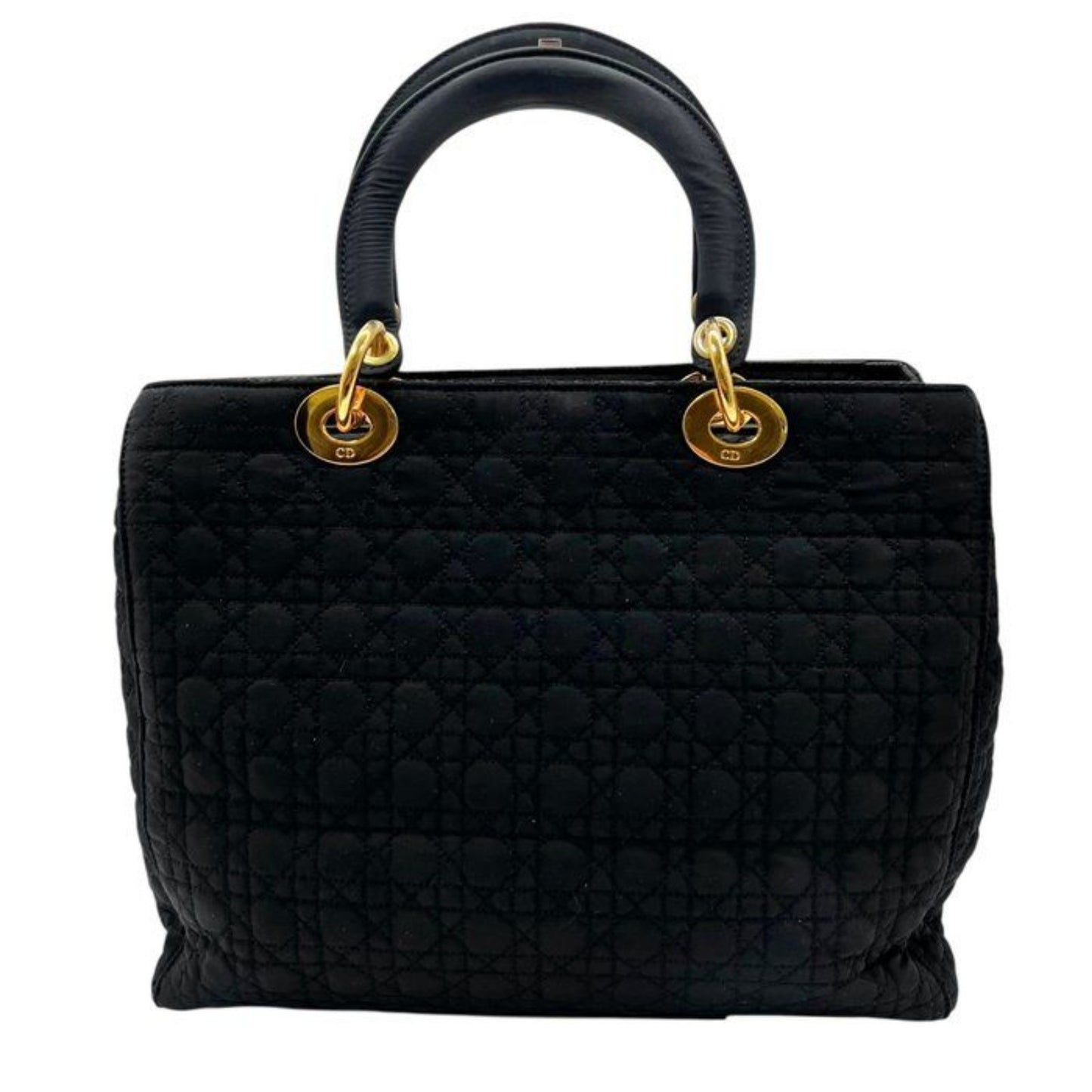 Christian Dior black quilted nylon tote bag with gold hardware and leather trim.