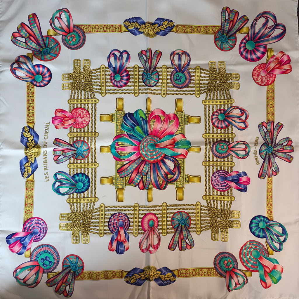 Hermès beige silk scarf featuring equestrian ribbon pattern and hand-rolled edges.