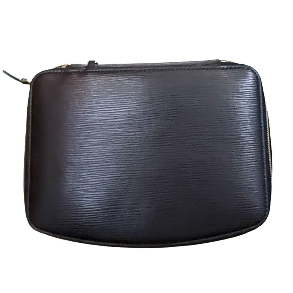 Louis Vuitton black Epi leather jewellery box with gold-tone hardware and grey microfiber lining.