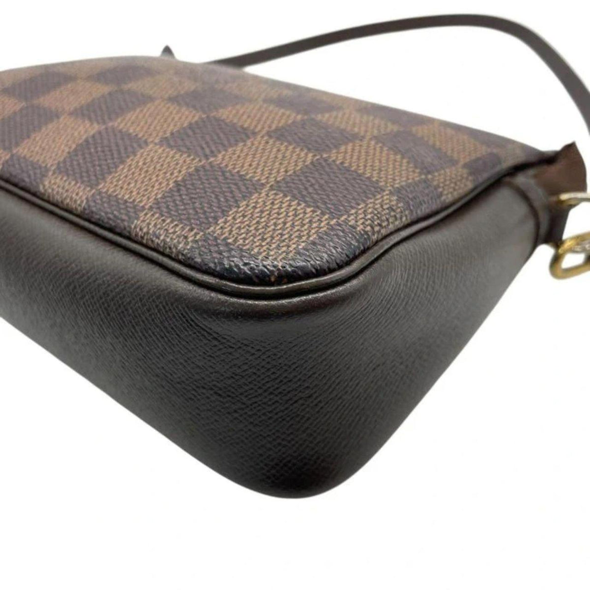 Louis Vuitton Pochette Accessoire brown Damier Ebene canvas handbag with gold hardware.