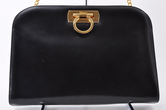 Salvatore Ferragamo Black Leather Crossbody Bag Gold HW