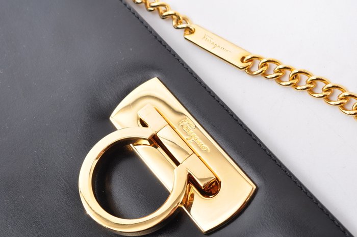 Salvatore Ferragamo Black Leather Crossbody Bag Gold HW