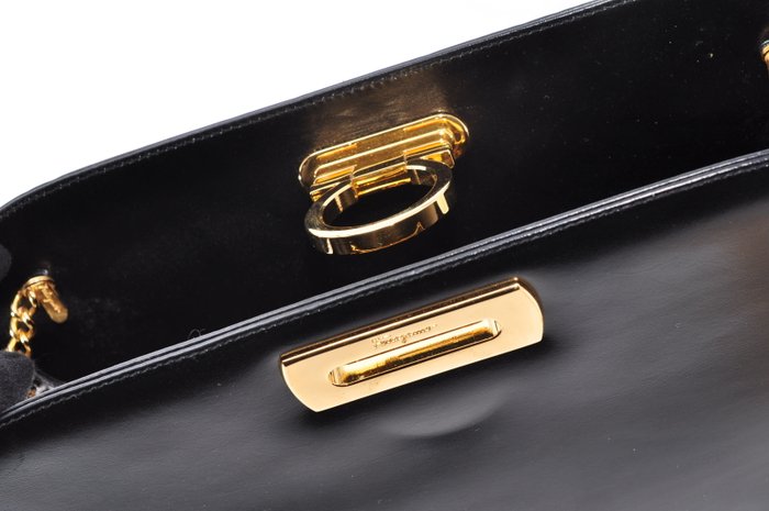 Salvatore Ferragamo Black Leather Crossbody Bag Gold HW